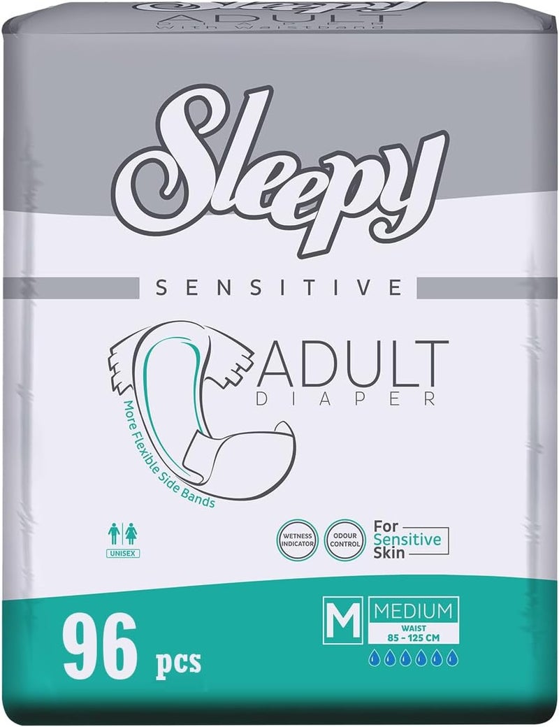 Sleepy Hypoallergenic 96 Adult Diapers | Size- Medium | Unisex Diapers for Sensitive Skin | Odour Control Diapers | Wetness Indicator Comfortable & Adjustable | 85-125CM 6X16 - Image 1